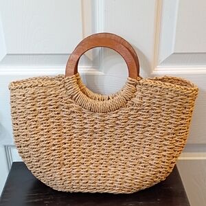 Woven Straw Tote Bag with Wooden Handles - Natural